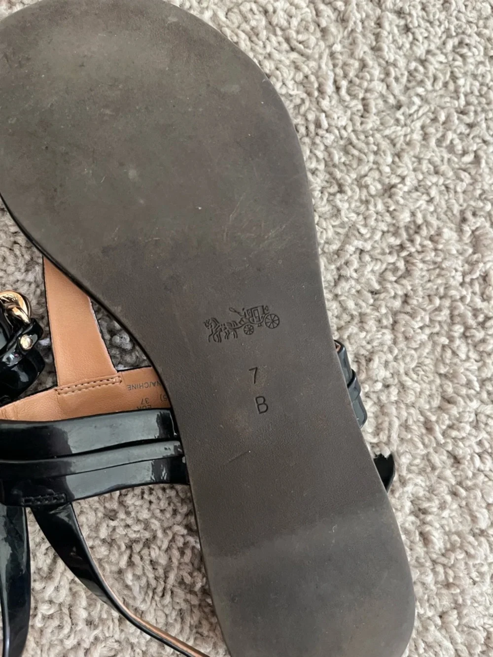 Coach Black Patent Thong Sandals with Gold Hardware - Picture 5 of 5